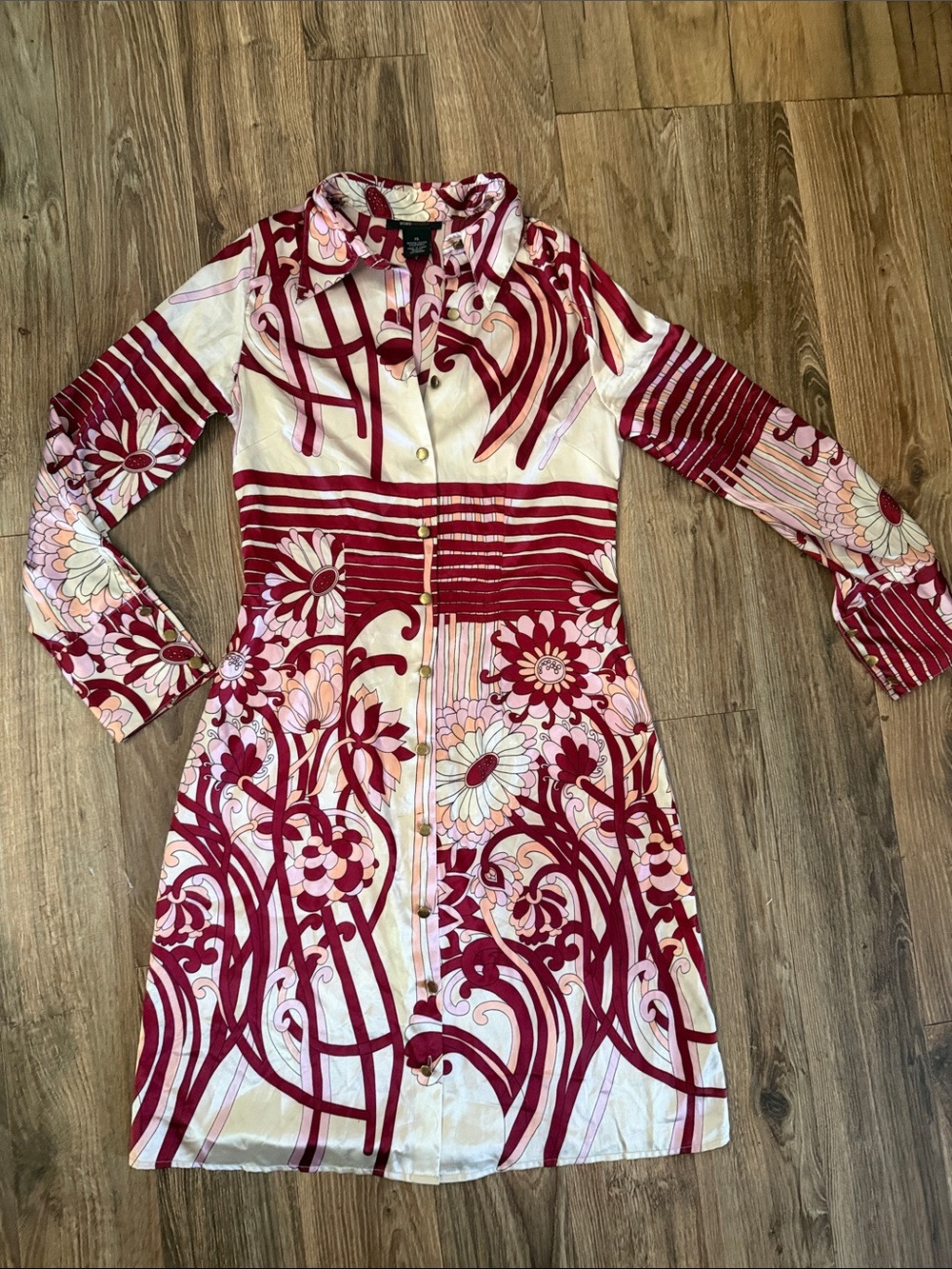BCBG Floral & Stripe Red, Cream and Pink Long Sleeve Silky Button Dress